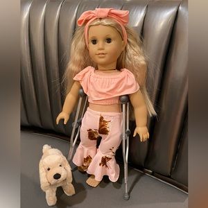 American Girl Doll, crutches and pet dog! Beautiful gift set for the holidays !